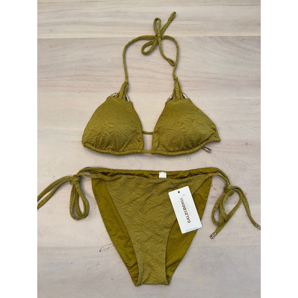 Calzedonia Wild Jungle Triangle Bikini Set Bronzed Green Textured Swimsuit S NWT